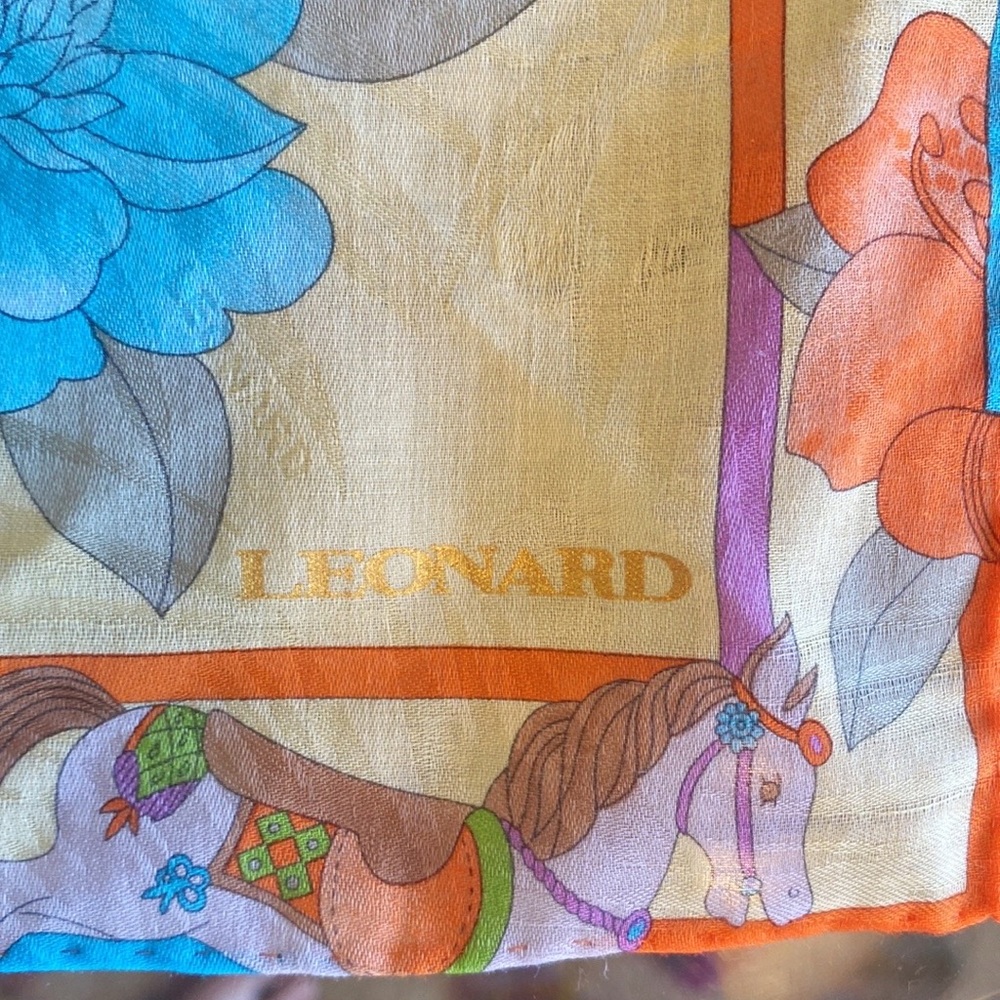 Vintage Leonard Scarf Square Horses Flowers - Picture 7 of 8